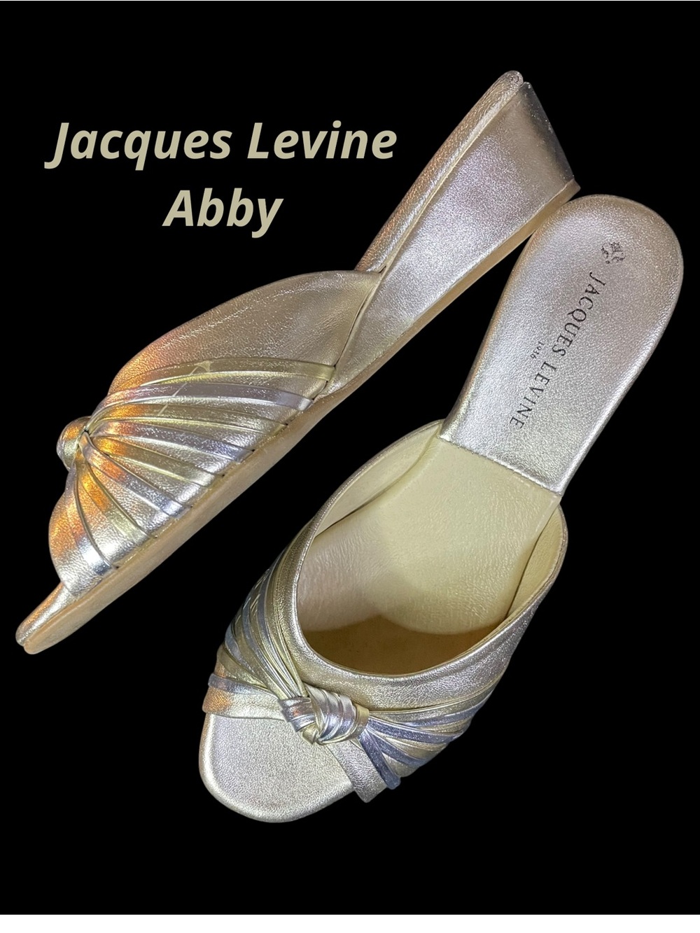 JACQUES LEVINE Abby Open-Toe Wedge Slip-Ons Leather Ruched Gold Silver Sz 5 1/2B